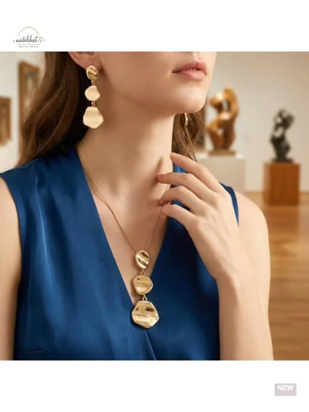 Gold Chunky Geometric Pendant Necklace and Earrings Set, Snake Chain,